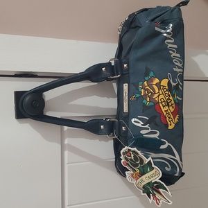 Ed Hardy Bag Small Duffle Barrel Purse Canvas Sandy Teal NWT